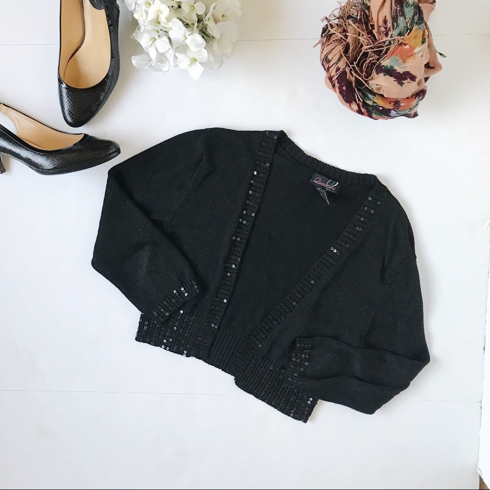 Y2K Inspired Black Sparkle‎ Crop Sweater with sequin Trim